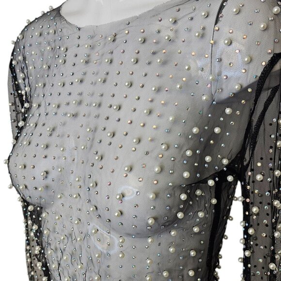 Honey Hot & Delicious Long Sleeve Pearl Rhinestone Sheer Crop Top, Black, Size S - Picture 7 of 8